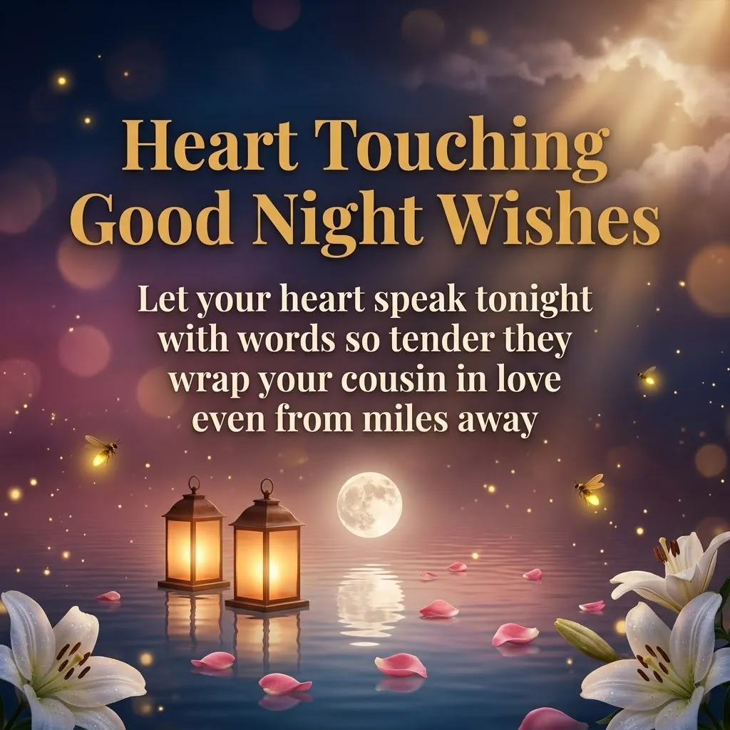 Heart touching good night wishes for a cousin displayed over a tranquil night scene featuring a full moon, glowing lanterns, and white lilies on calm water. The ethereal atmosphere is accented by a soft golden glow and floating pink petals under a starry, purple sky.