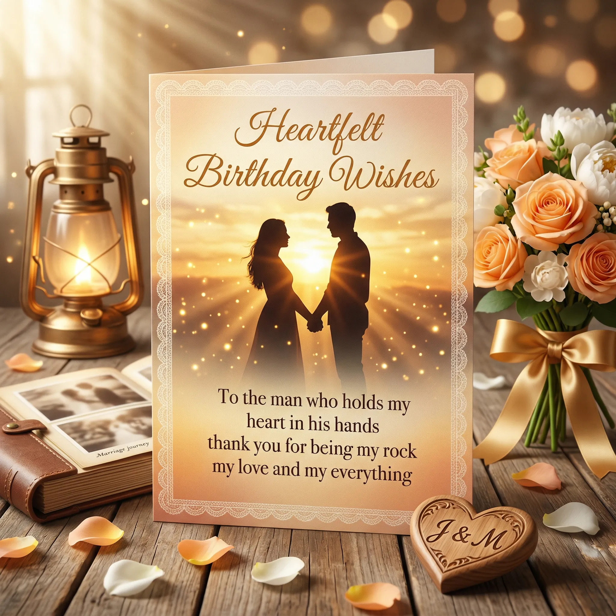 A sentimental birthday card for a husband featuring a couple's silhouette at sunset, resting on a rustic wooden table alongside a glowing vintage lantern, peach roses, and a leather photo album under warm, sun-drenched lighting.
