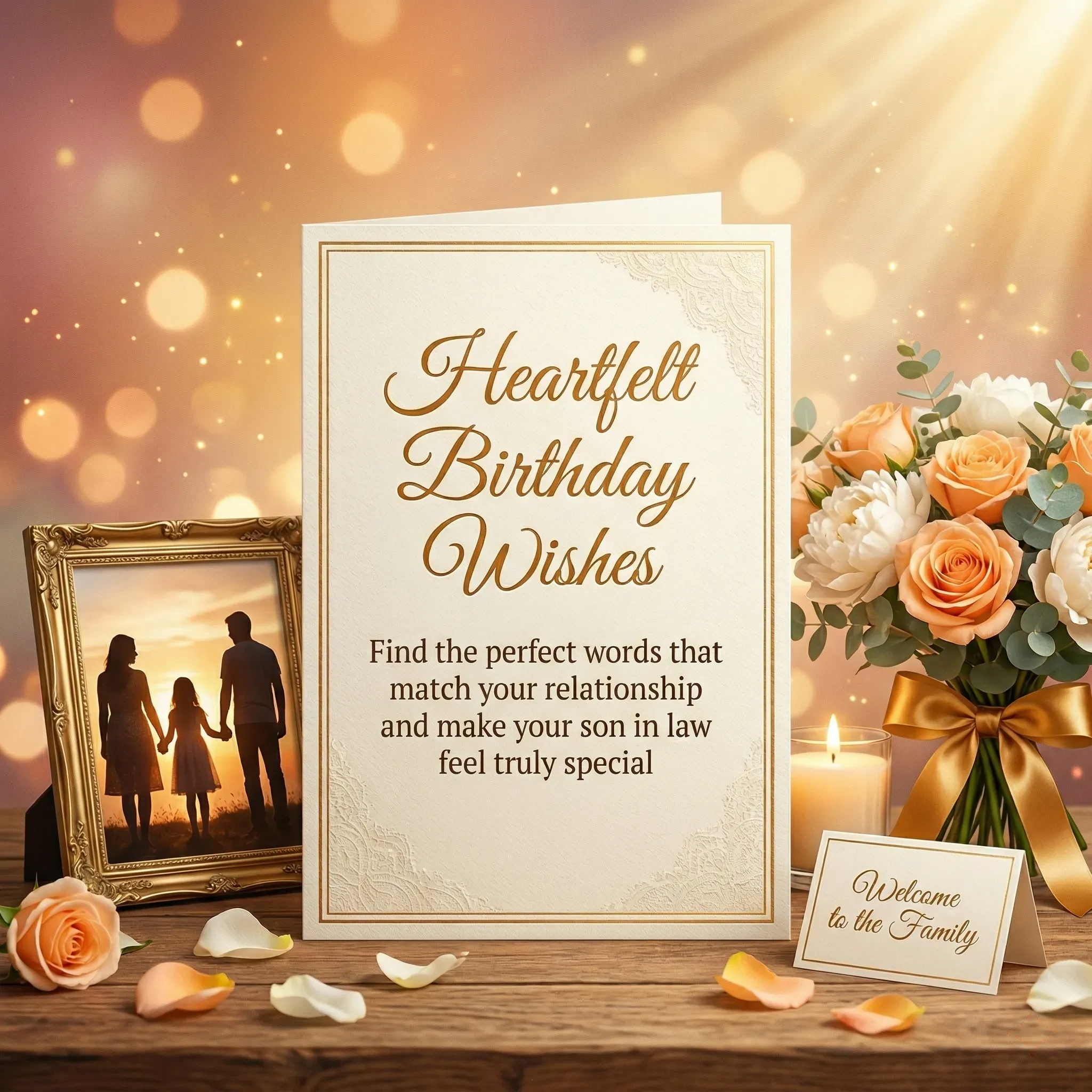 An elegant cream greeting card featuring gold-scripted heartfelt birthday wishes for a son in law, set on a rustic wooden table. The celebratory scene is illuminated by warm golden light, featuring a bouquet of peach roses, a lit candle, and a gold-framed family portrait.
