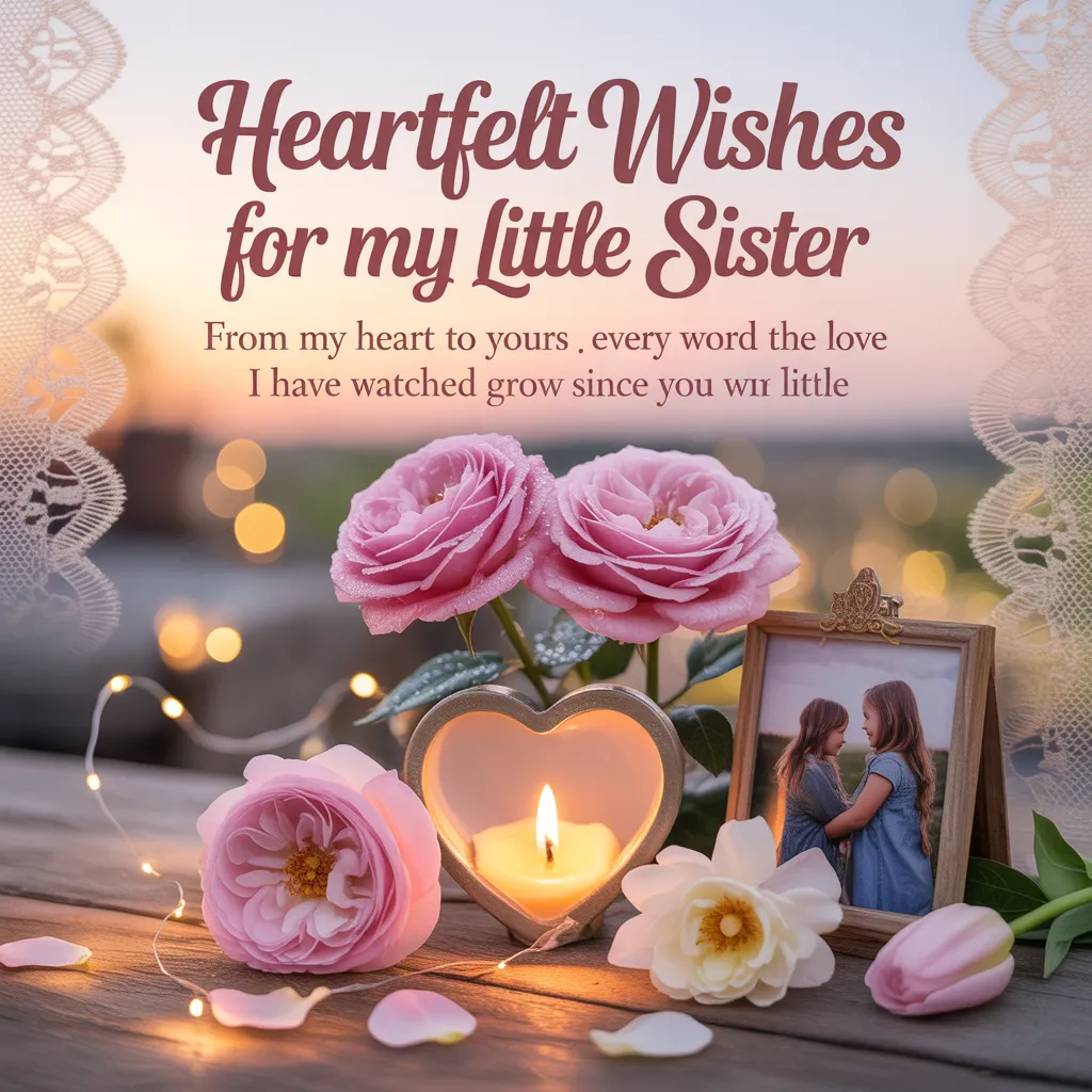 Pink roses and a glowing heart-shaped candle rest on rustic wood beside a framed photo. This warm golden hour scene provides a sentimental backdrop for engagement wishes for a younger sister, framed by delicate lace.