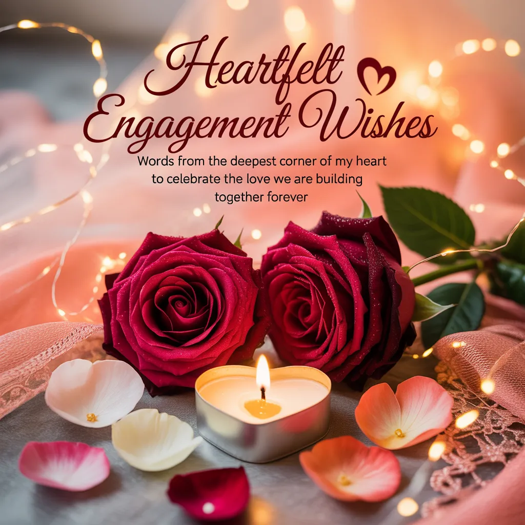 Two velvety red roses and a lit heart-shaped candle rest on soft peach fabric, surrounded by warm bokeh lights, featuring the text 'Heartfelt Engagement Wishes' for a romantic engagement message to a partner.