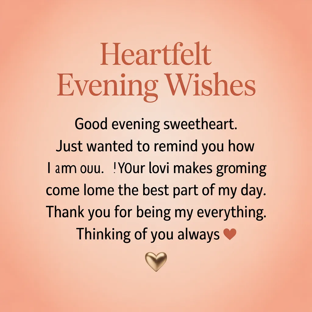 A romantic good evening message featuring heartfelt evening wishes in elegant typography on a smooth peach gradient. The design includes a petite red heart and a glossy 3D gold heart under warm, diffused lighting.