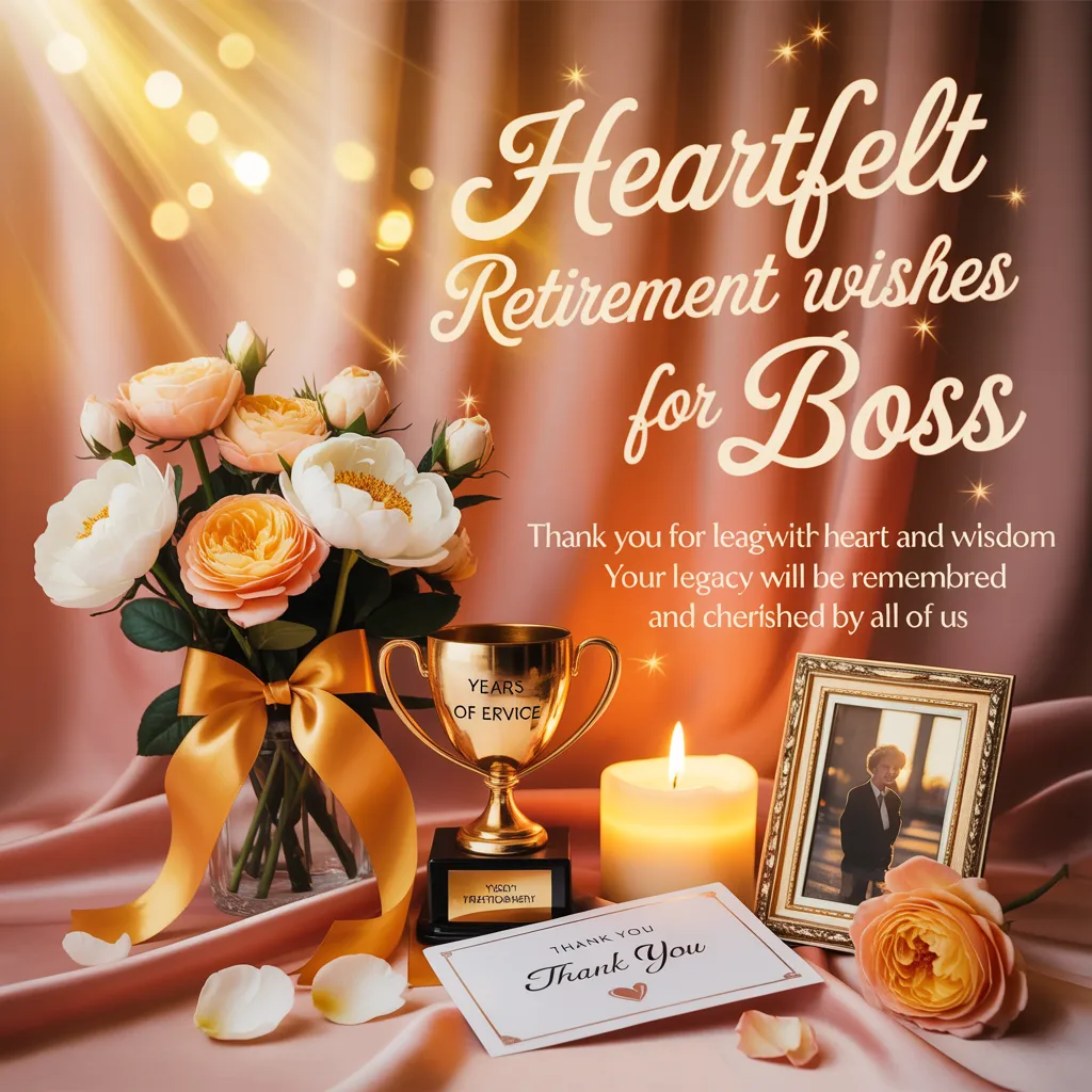 Elegant display of heartfelt retirement wishes for a boss, featuring a bouquet of peach roses, a gold years of service trophy, and a glowing candle resting on draped satin fabric under warm, golden light rays.