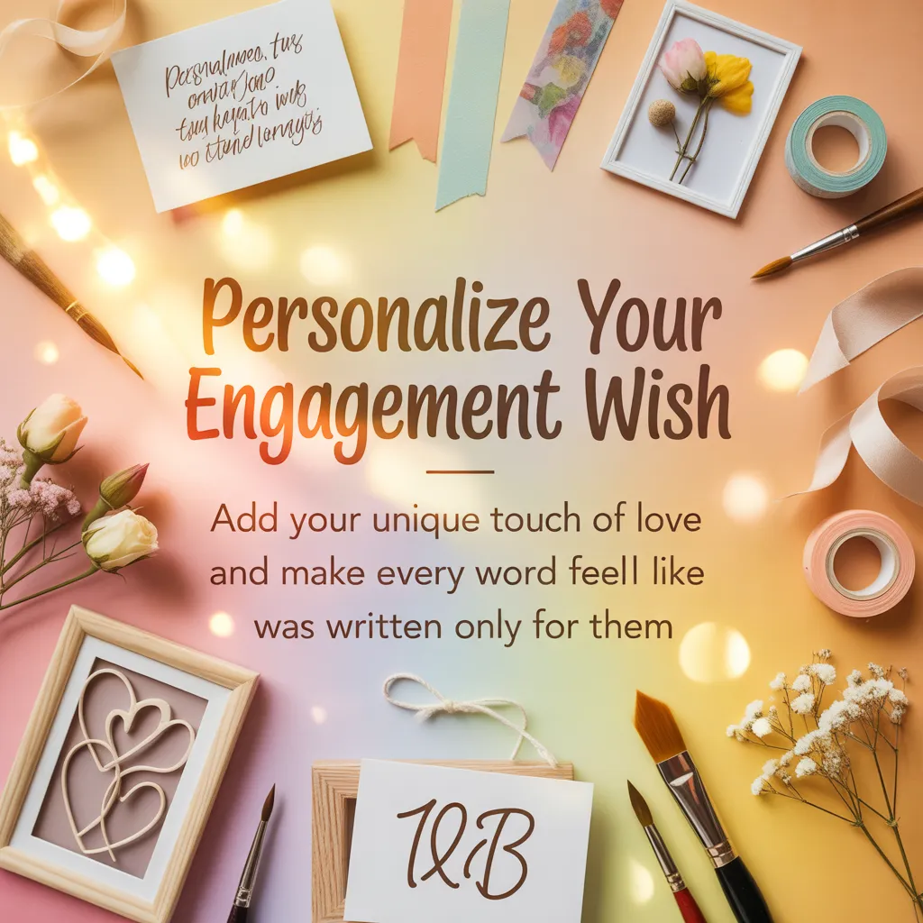Crafting supplies for personalized engagement wishes arranged on a pastel gradient surface with soft bokeh lighting. The scene includes calligraphy cards, paintbrushes, wooden heart frames, and fresh rosebuds, emphasizing a romantic and creative DIY approach to writing heartfelt messages.