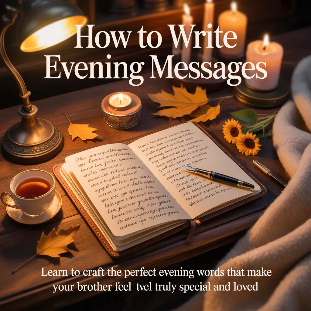 An open journal featuring handwritten evening messages rests on a rustic wooden desk beside a fountain pen and steaming tea. Glowing candles and autumn leaves create a warm, cozy atmosphere, perfect for crafting heartfelt notes to a loved one under soft ambient lighting.