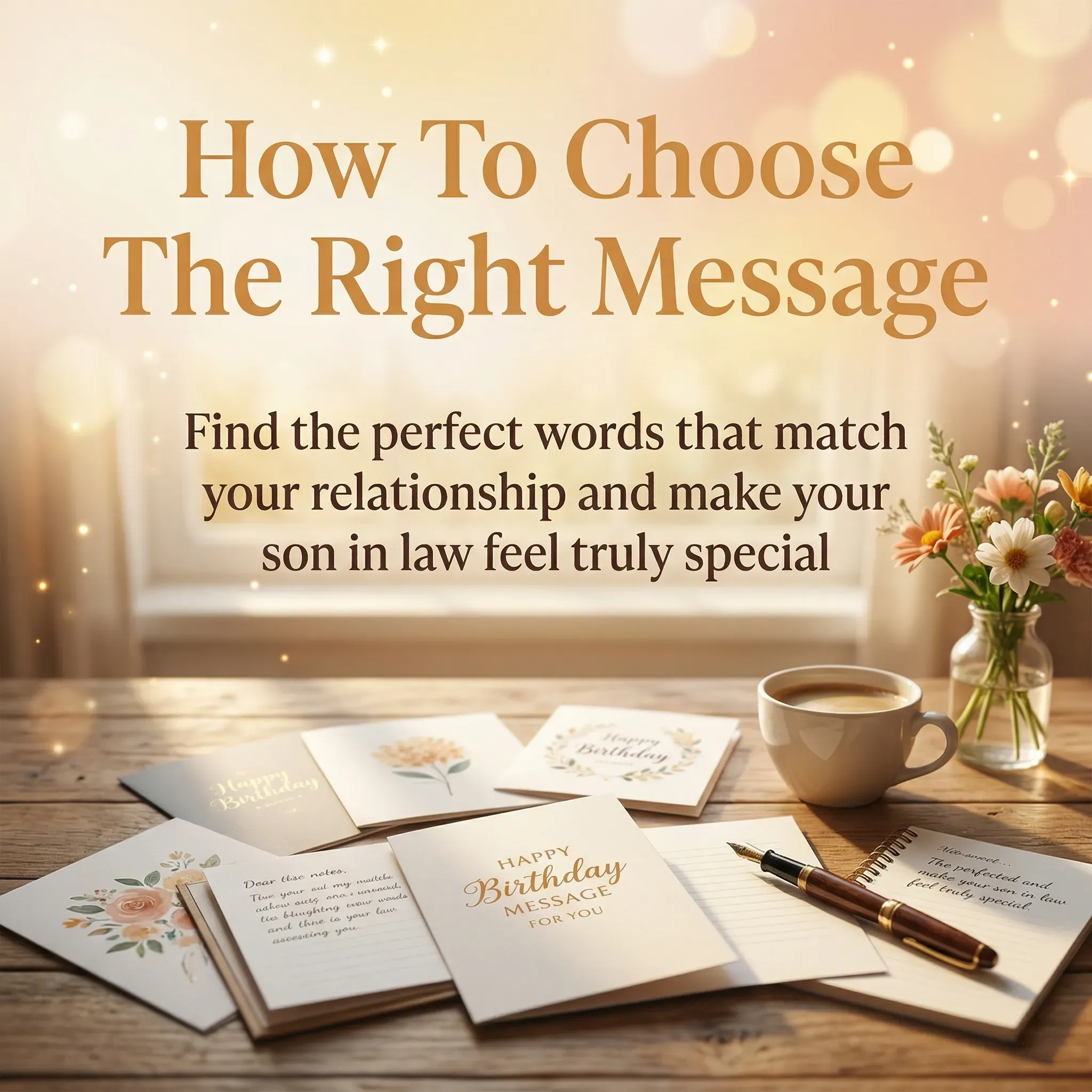 Elegant cream-colored birthday cards and a classic fountain pen sit on a weathered wooden table under soft, diffused window light. This warm setting provides inspiration for writing heartfelt birthday wishes for a son-in-law, surrounded by fresh flowers and a cozy coffee mug.