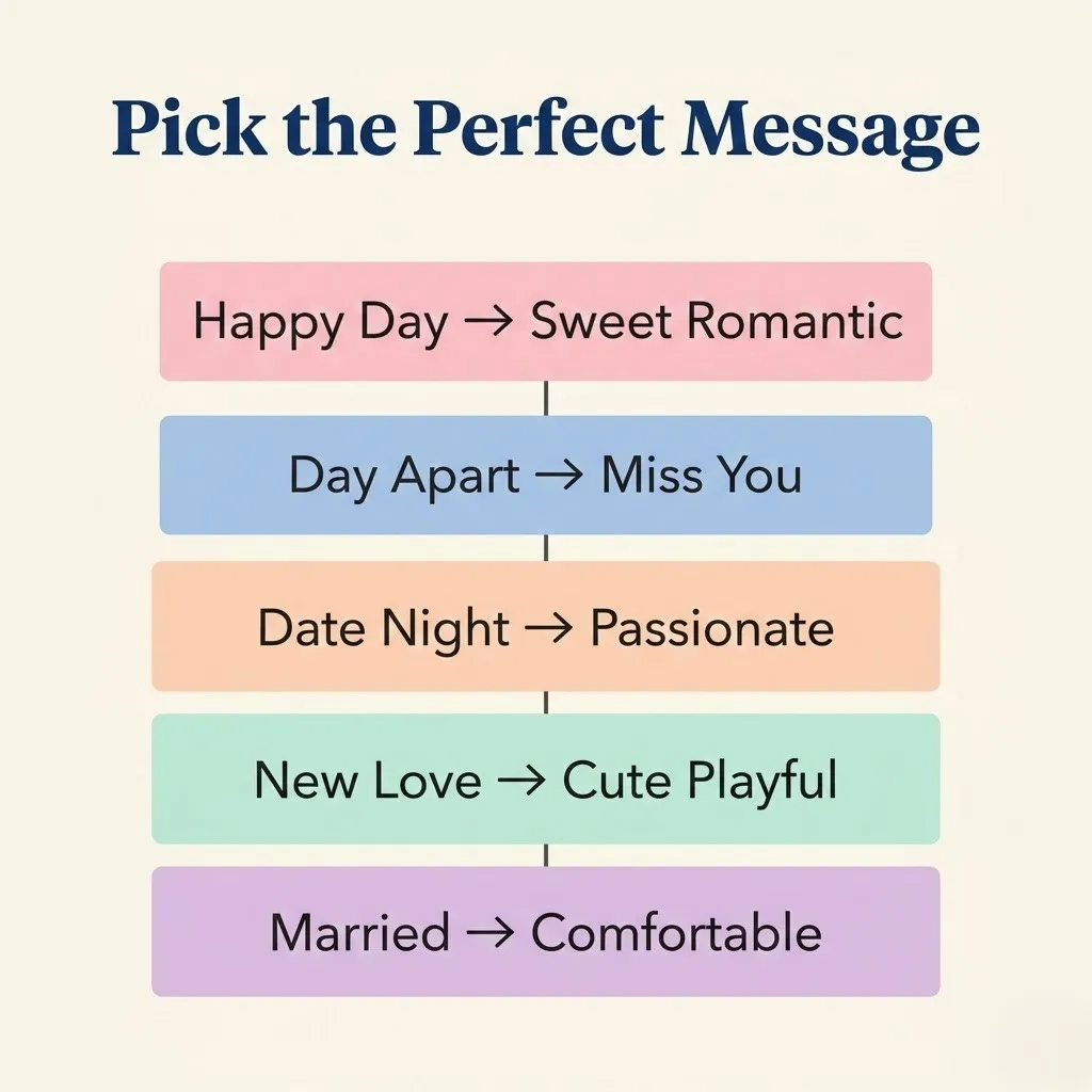 A romantic communication guide, 'Pick the Perfect Message', features pastel banners on a cream background, mapping relationship scenarios like 'Date Night' and 'New Love' to 'Passionate' and 'Cute Playful' tones.