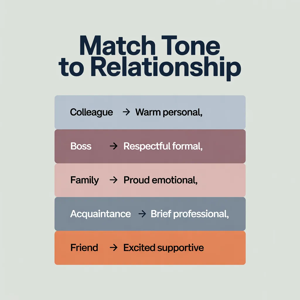 Clean infographic for congratulation messages on a promotion, matching tones to relationships. Five muted terracotta and slate blocks suggest styles like respectful formal for a boss and excited supportive for a friend against a neutral backdrop.