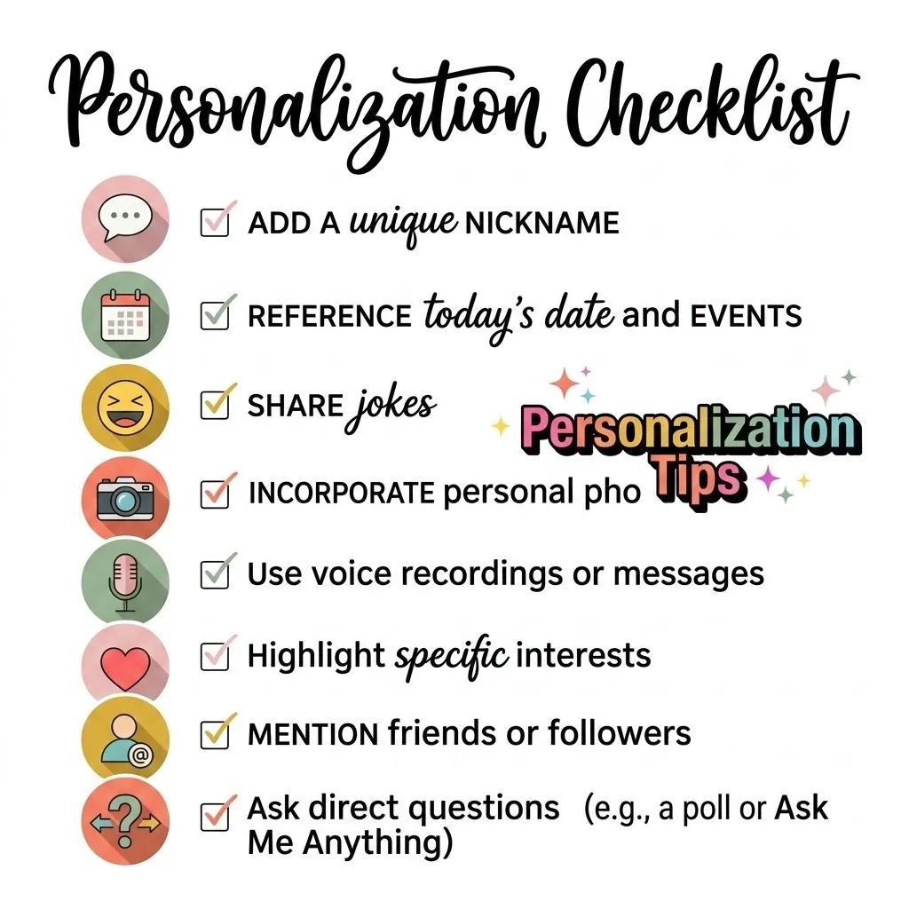 Vibrant personalization checklist graphic displaying social media tips for unique good night wishes for friends, featuring colorful icons for nicknames and jokes against a clean white background with elegant script typography.