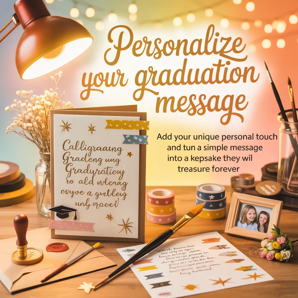 A handmade personalized graduation card with gold star accents sits on a wooden desk under the warm glow of a desk lamp and background string lights. Crafting supplies like washi tape and a wax seal surround the card, creating an inviting space to write heartfelt graduation wishes.