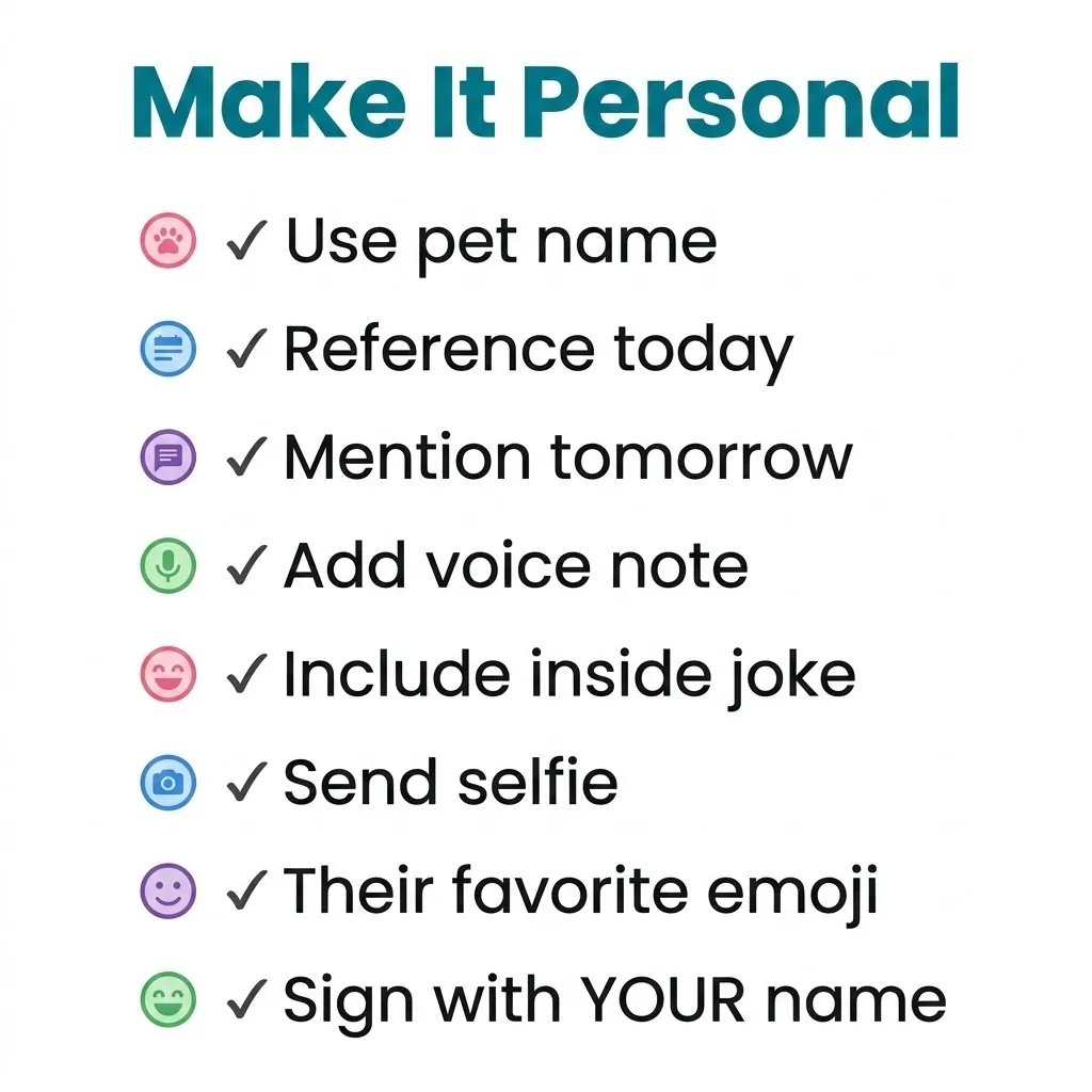 A crisp digital infographic titled 'Make It Personal' outlines personalization tips for meaningful messaging against a plain white background. The list features vibrant pastel icons and checkmarks detailing communication strategies like using pet names, sending selfies, and recording voice notes in clean black typography.