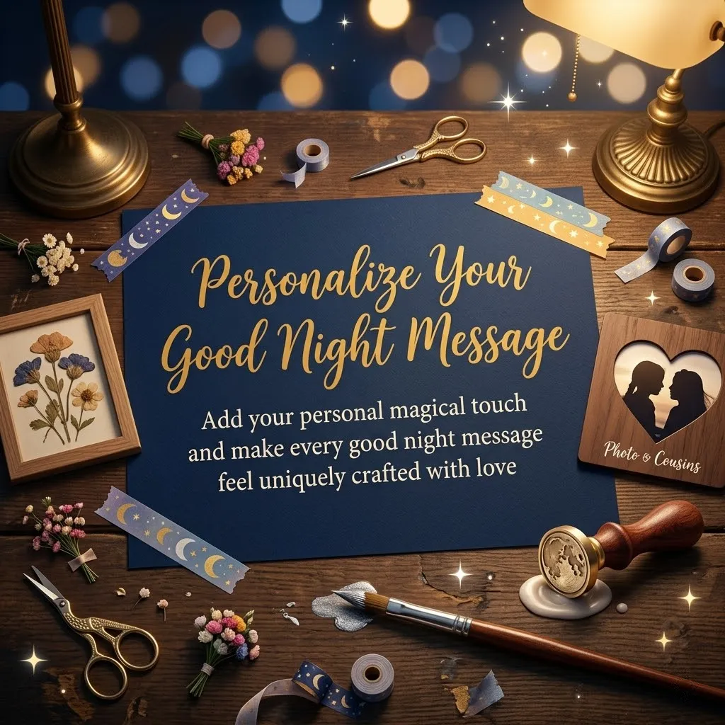 A personalized good night message card rests on a rustic wooden desk with celestial washi tape and a heart-shaped frame for cousins. Warm lamp light illuminates the navy and gold stationery, creating a cozy atmosphere with delicate dried flowers and sparkling bokeh effects.