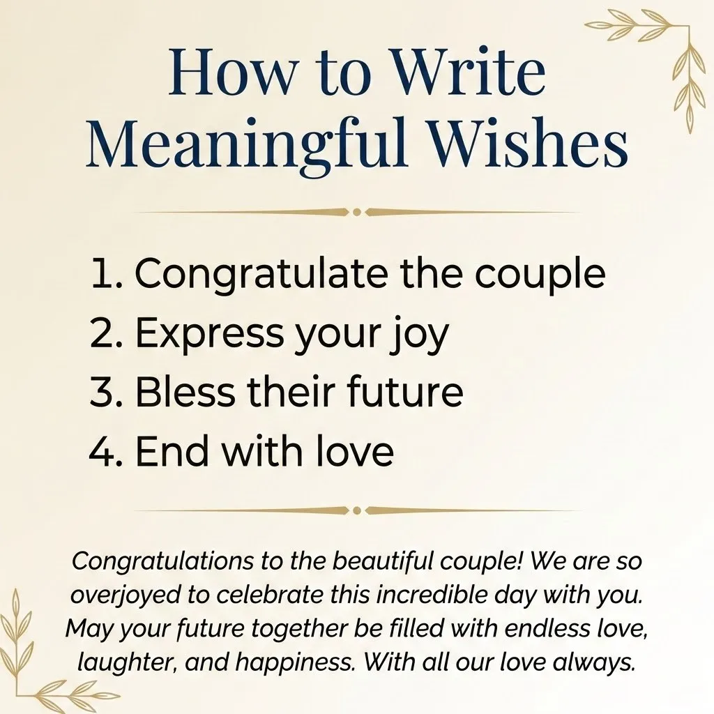 Elegant cream graphic outlining how to write meaningful engagement wishes, featuring dark blue text and gold leaf corner accents. The four-step guide includes tips to congratulate the couple and bless their future, accompanied by a heartfelt example message suitable for a wedding card.
