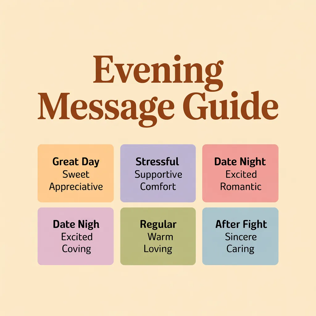 Evening Message Guide features six matte pastel tiles on a cream background, categorizing good evening messages for wife. These colorful squares suggest romantic and supportive tones for date nights or stressful days.