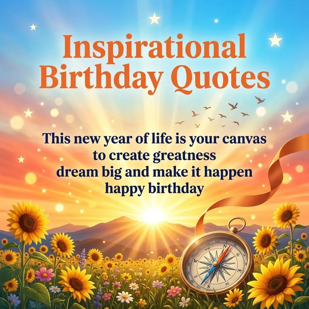 Inspirational birthday quotes for a son in law are overlaid on a radiant sunrise landscape, featuring a golden compass nestled in a vibrant sunflower field with warm, glowing sunbeams stretching across the mountains.
