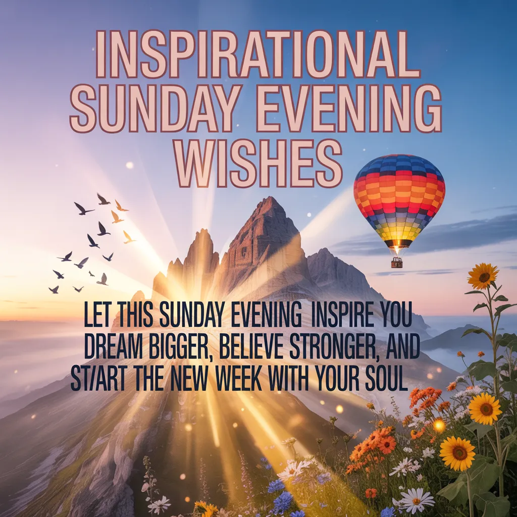 A colorful hot air balloon floats over rugged mountains bathed in golden sunbeams. Vibrant sunflowers frame an inspirational Sunday evening wishes quote, creating a peaceful atmosphere to motivate the start of a new week.