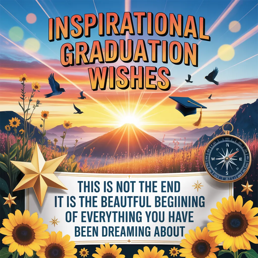 Inspirational graduation wishes set against a radiant mountain sunrise with a black graduation cap tossed mid-air. Vibrant yellow sunflowers and a vintage compass frame a motivational quote banner under warm golden light.