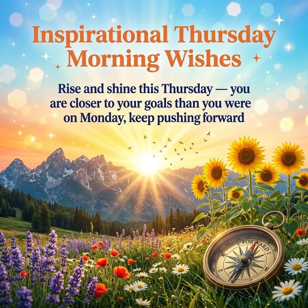 A vintage brass compass rests in a vibrant field of sunflowers and lavender before a majestic mountain sunrise. Radiant golden light illuminates the scene, which features inspirational Thursday morning wishes text against a soft, glowing sky filled with birds in flight.