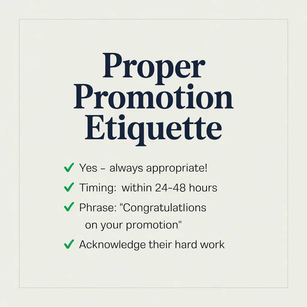 A clean graphic outlining proper promotion etiquette with navy text on cream. Green checkmarks suggest sending congratulations on your promotion within 48 hours and acknowledging hard work in a professional, minimalist layout.