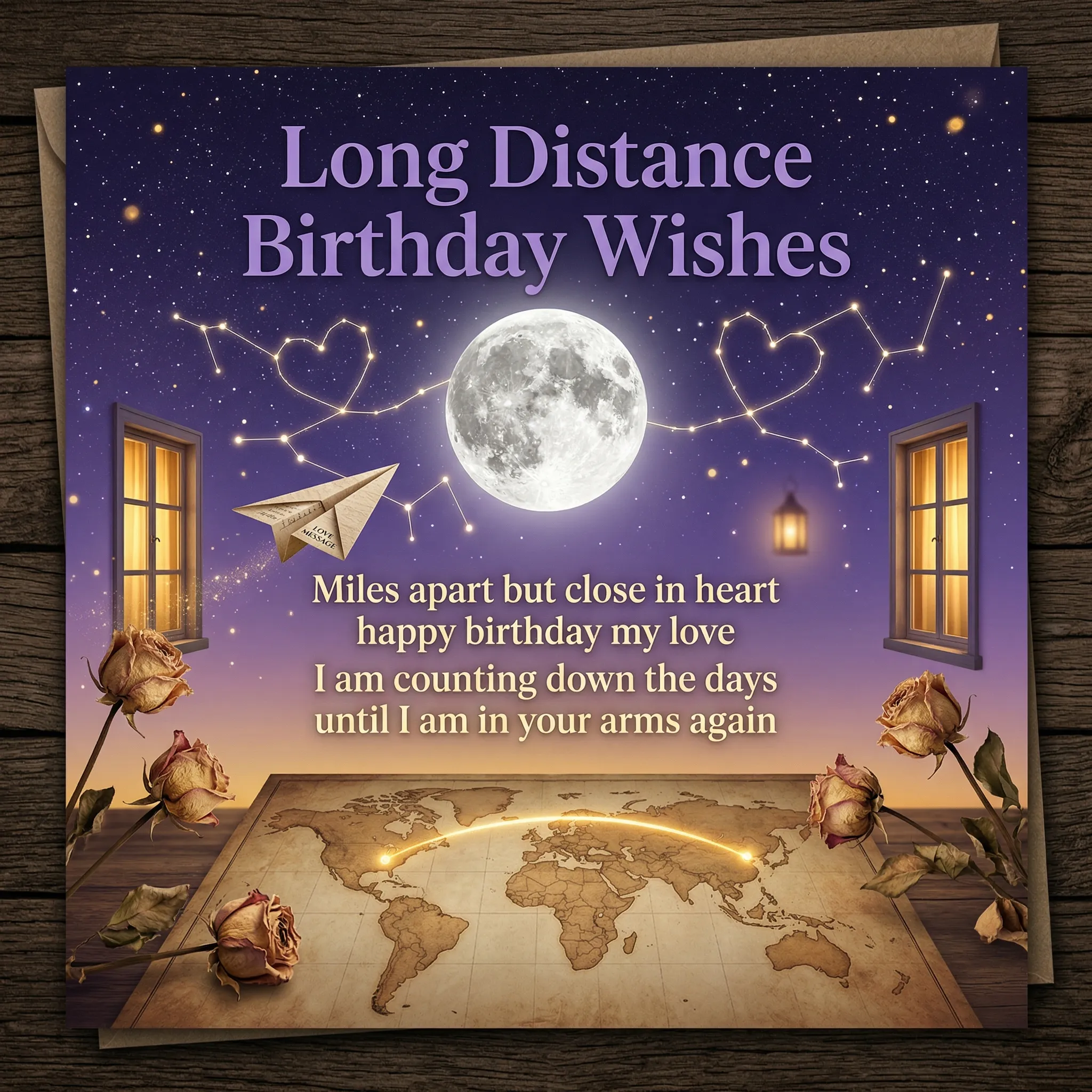 A long distance birthday wishes card for a husband resting on dark wood, featuring a starry purple sky with a full moon and heart constellations. The design includes a vintage world map with a glowing arc and dried roses under warm, ambient light.