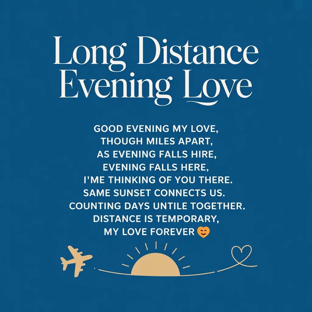 A sentimental good evening message for wife graphic featuring a long distance relationship quote in crisp white typography against a matte navy blue background, accented by minimalist gold icons of an airplane, a setting sun, and a delicate heart line to create a serene evening atmosphere.