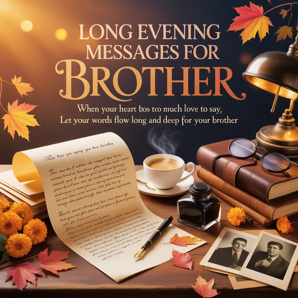 A handwritten letter rests on a wooden desk beside a steaming coffee cup and vintage books. Bathed in warm lamp light and surrounded by autumn leaves, the cozy setting is ideal for crafting heartfelt evening messages for brother.