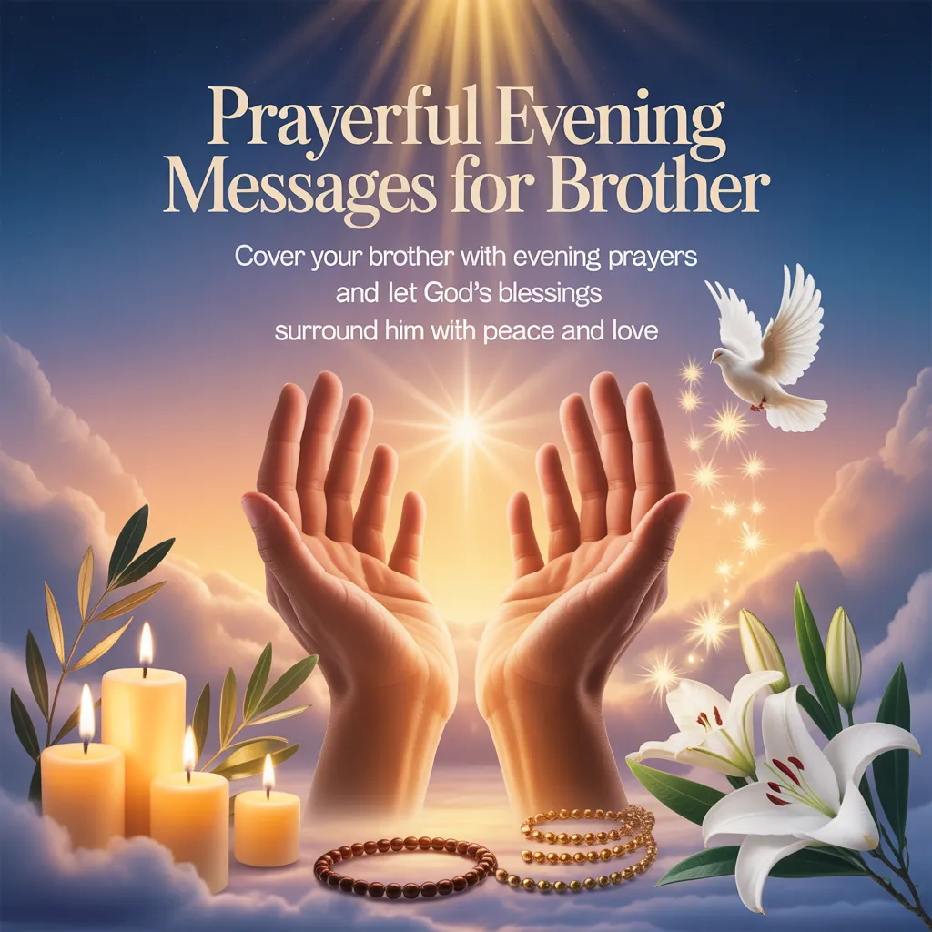 Two hands raised in prayer against a twilight sky, surrounded by glowing candles and velvety lilies. This serene scene for prayerful evening messages for brother features a flying dove and prayer beads under warm, golden light.