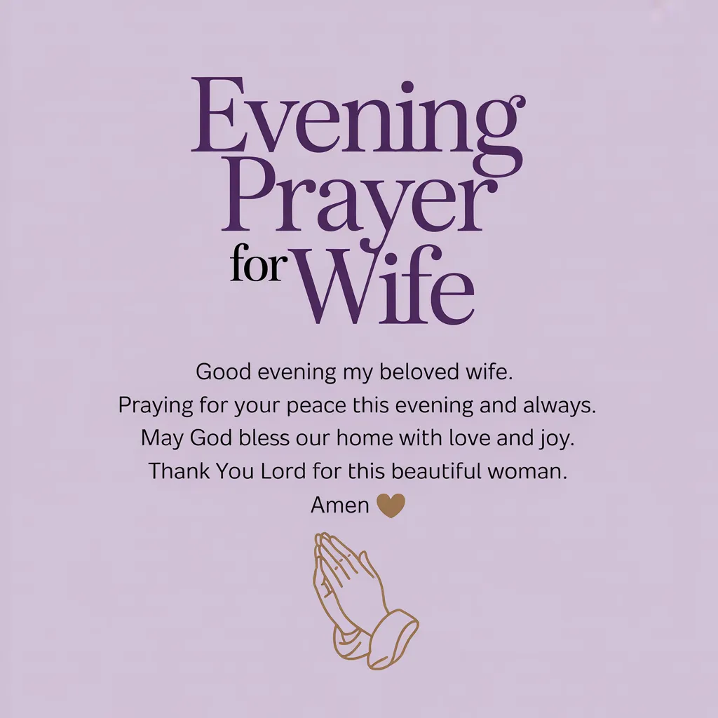 A peaceful evening prayer for wife featuring elegant dark purple typography on a soft lavender background. The text offers a blessing for peace and joy, accompanied by a small gold heart and a minimalist line-art illustration of praying hands in a warm gold hue.