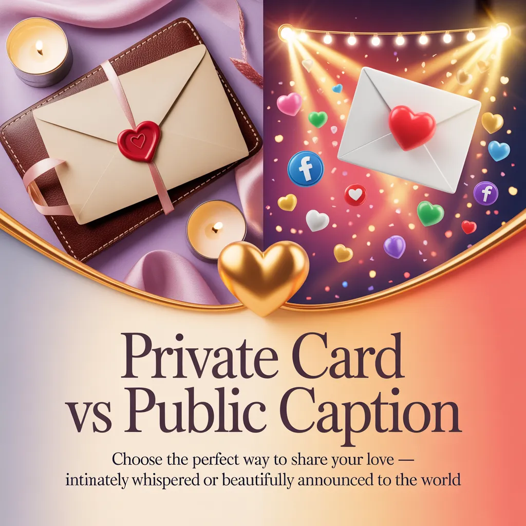 A cream envelope with a red wax seal on a leather journal under soft candlelight, paired with a white envelope amidst social media icons and bright spotlights, representing private and public engagement wishes for a partner.