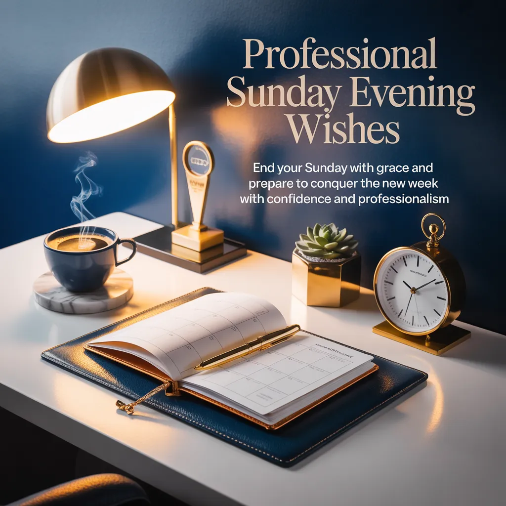An elegant desk setup for professional Sunday evening wishes, featuring an open planner and gold pen under warm lamp light. A steaming navy coffee cup and gold clock rest on a white surface, creating a calm atmosphere for weekly preparation.