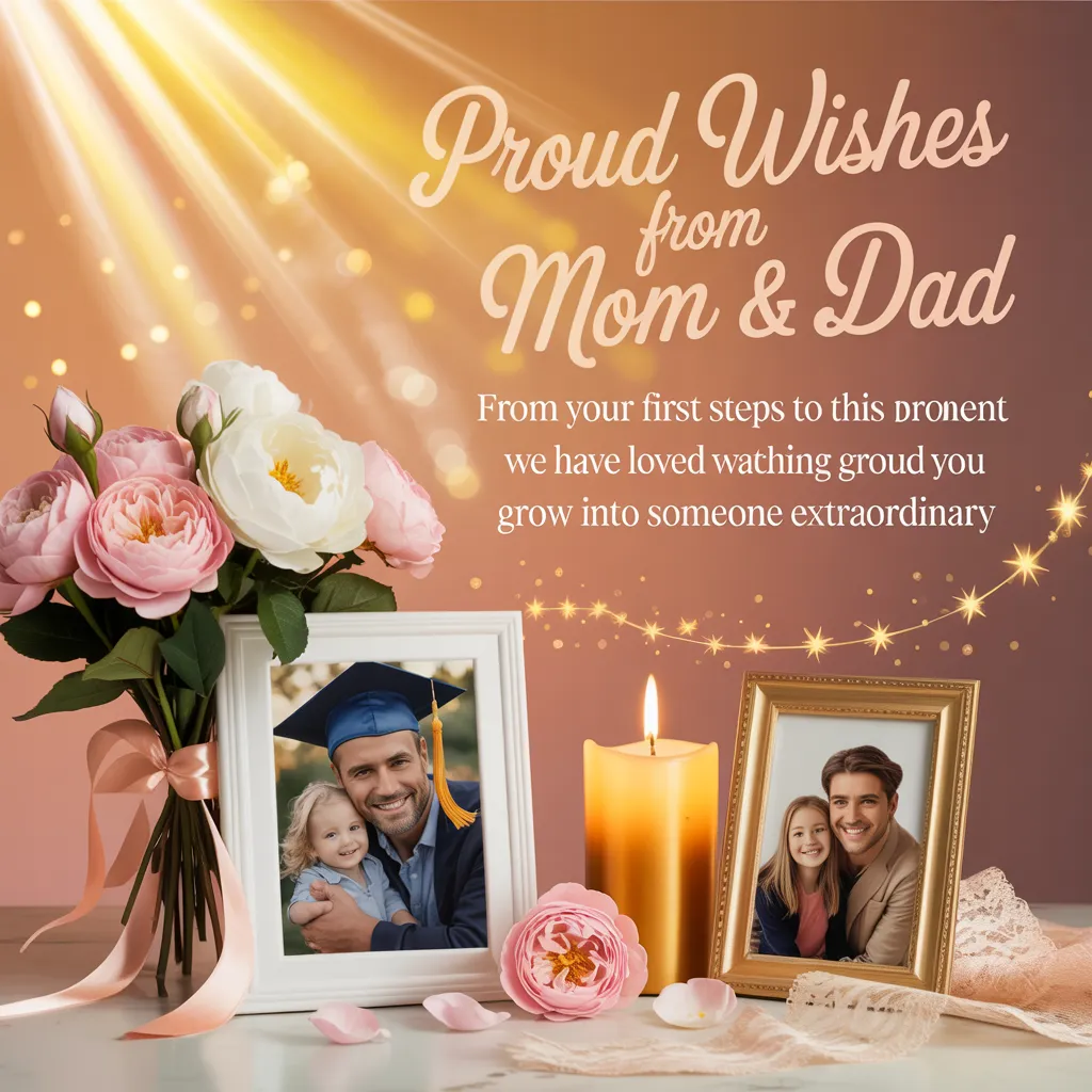 Heartfelt graduation wishes from parents displayed on a warm peach background with radiant golden sunbeams. A bouquet of soft pink roses, a glowing candle, and framed family photos create a sentimental atmosphere, capturing the essence of a personalized graduation gift for a cherished milestone.