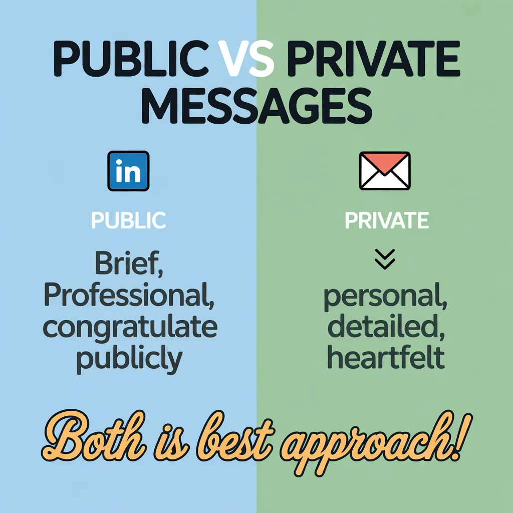 A split-screen graphic comparing public and private promotion congratulations. The blue side advises professional LinkedIn posts, while the green side highlights heartfelt personal messages for effective professional networking.