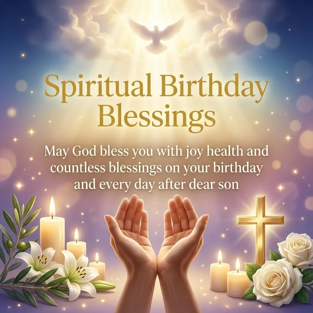 Spiritual birthday blessings for a son-in-law featuring praying hands, a golden cross, and white lilies. A white dove descends through heavenly rays of light against a soft purple background with glowing candles, creating a peaceful Christian birthday message filled with divine grace and warmth.