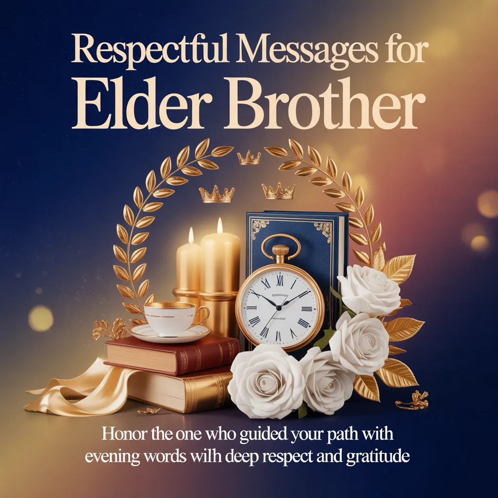 Elegant gold pocket watch and white roses beside glowing candles, creating a dignified setting for respectful elder brother messages. The scene features warm golden lighting and shimmering bokeh against a deep blue backdrop.