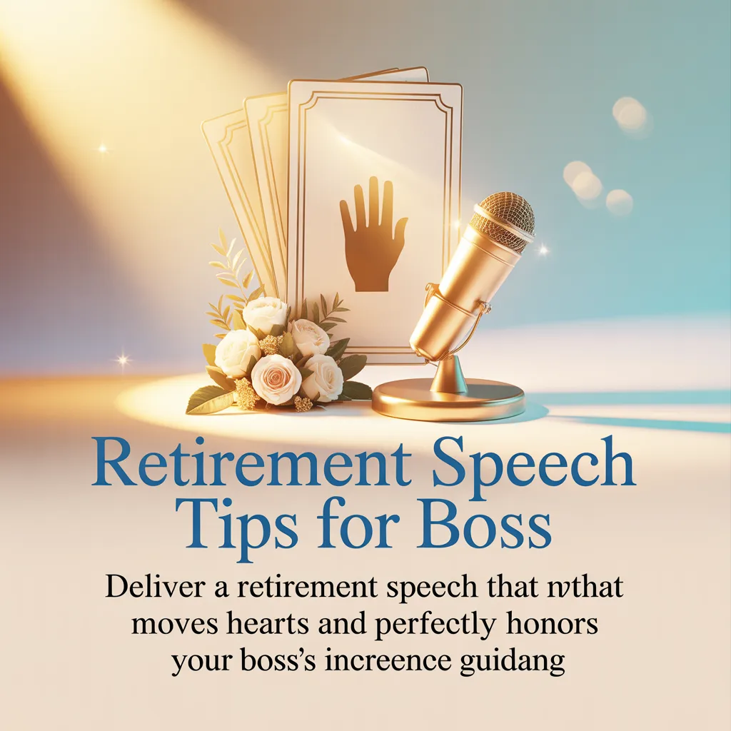 An elegant golden microphone sits beside soft white roses and cream cards under a warm spotlight, featuring the text 'Retirement Speech Tips for Boss' against a soft blue background with shimmering bokeh.