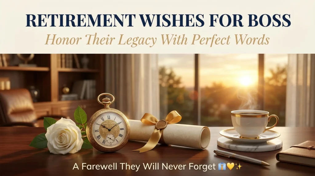 Elegant white roses and a vintage gold pocket watch rest on a polished desk alongside a steaming coffee mug. This warm, sunset-lit scene illustrates why a retirement message matters for a boss, emphasizing a legacy of dedication and professional gratitude.