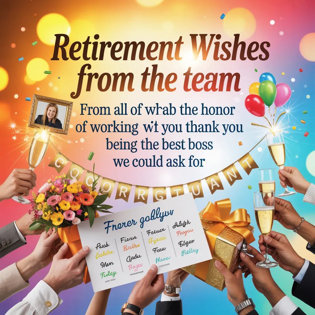 A festive retirement wishes for boss scene with hands holding a card, gold gift, and bouquet. Sparkling champagne flutes and balloons fill the air against warm bokeh lights and celebratory confetti.