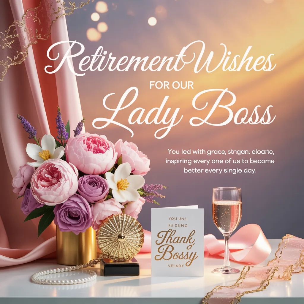 Elegant retirement wishes for a lady boss featuring a lush bouquet of pink peonies, a sparkling champagne glass, and pearls. The scene is draped in soft pink silk under a warm, golden glow, creating a celebratory and appreciative atmosphere for an inspiring leader.