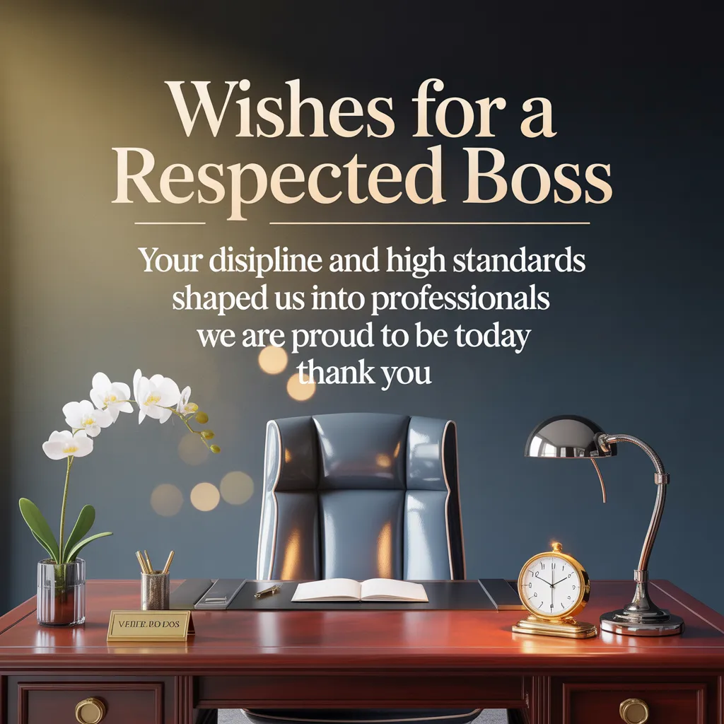 An elegant mahogany executive desk featuring a white orchid and leather chair, illuminated by warm spotlighting. The scene displays a professional retirement message for a respected boss, celebrating their leadership and high standards in a sophisticated office setting.