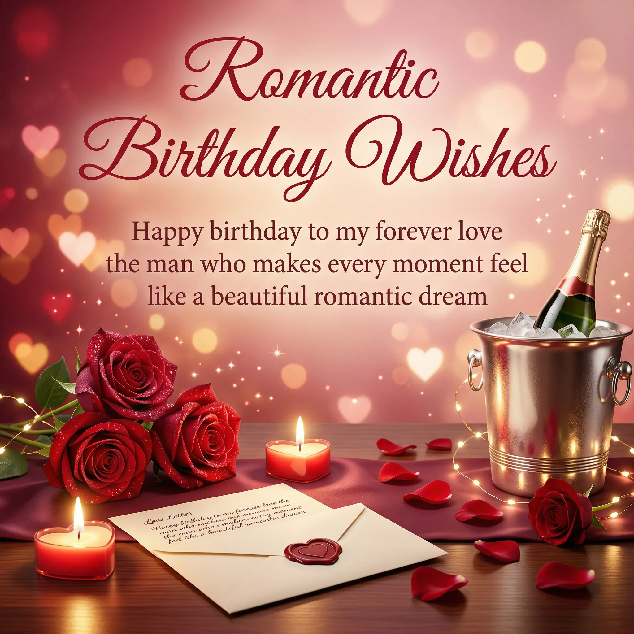 Elegant romantic birthday wishes for husband featuring velvet red roses, heart candles, and a love letter on wood. A champagne bottle in an ice bucket rests under golden fairy lights and a warm, glowing bokeh background.