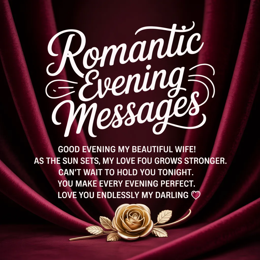 Elegant romantic evening messages for wife in white script over deep burgundy velvet drapes. A metallic gold rose rests at the bottom under moody lighting, accompanying a heartfelt good evening love message celebrating an endless bond.