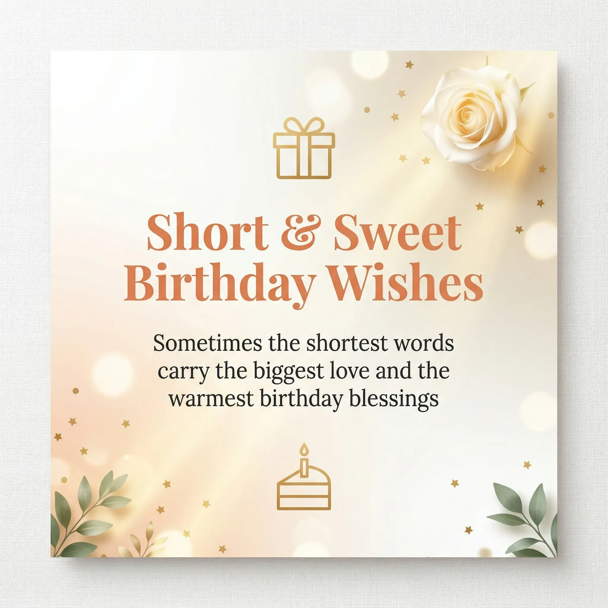 Elegant digital card featuring short birthday wishes and warm birthday blessings for a son in law, adorned with a cream-colored rose, gold icons, and soft bokeh lighting on a textured canvas background with delicate green foliage.
