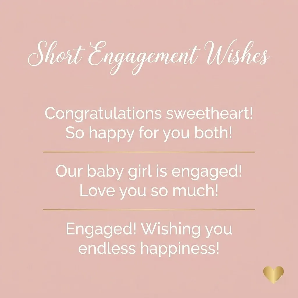 A collection of short engagement wishes for a daughter presented in white typography on a soft blush pink background, featuring elegant gold horizontal dividers and a small metallic heart icon for a warm, celebratory aesthetic.
