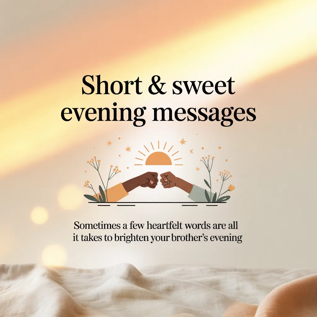 A warm digital illustration of a fist bump under a stylized sun, promoting heartfelt evening messages for a brother. The scene features a soft golden hour glow with bokeh highlights and muted earthy tones over textured beige fabric.