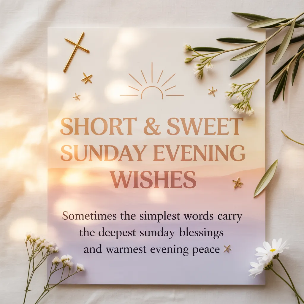 An elegant card featuring Sunday evening wishes and Sunday blessings text, adorned with a gold cross and olive sprigs. It sits on a soft white linen surface illuminated by warm, dappled sunlight, surrounded by delicate white flowers in a serene, peaceful setting.