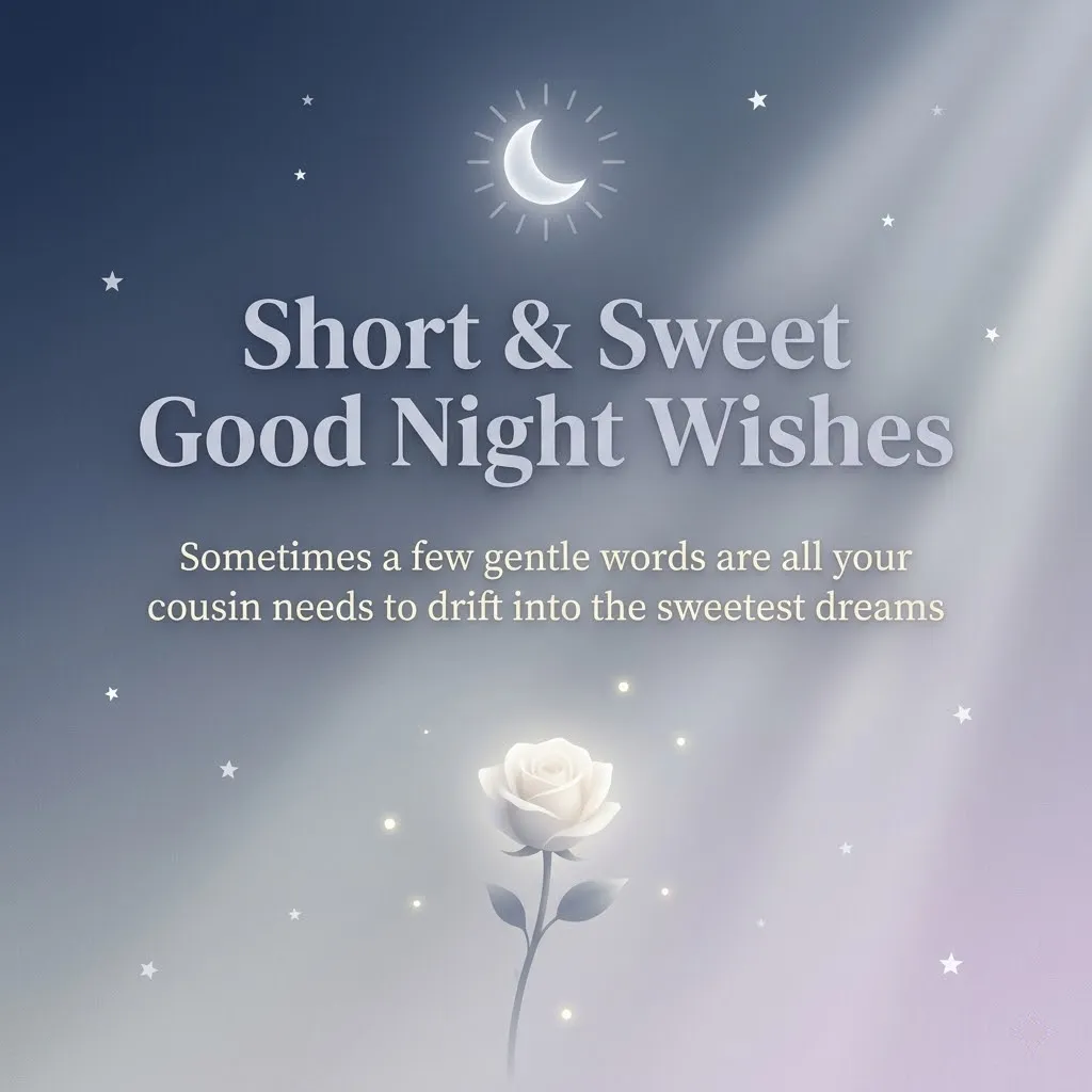 A luminous white rose blossoms beneath a crescent moon and twinkling stars, showcasing short and sweet good night wishes for a cousin. Soft ethereal light beams wash over the muted lavender and blue background, evoking a calm, dreamy atmosphere.