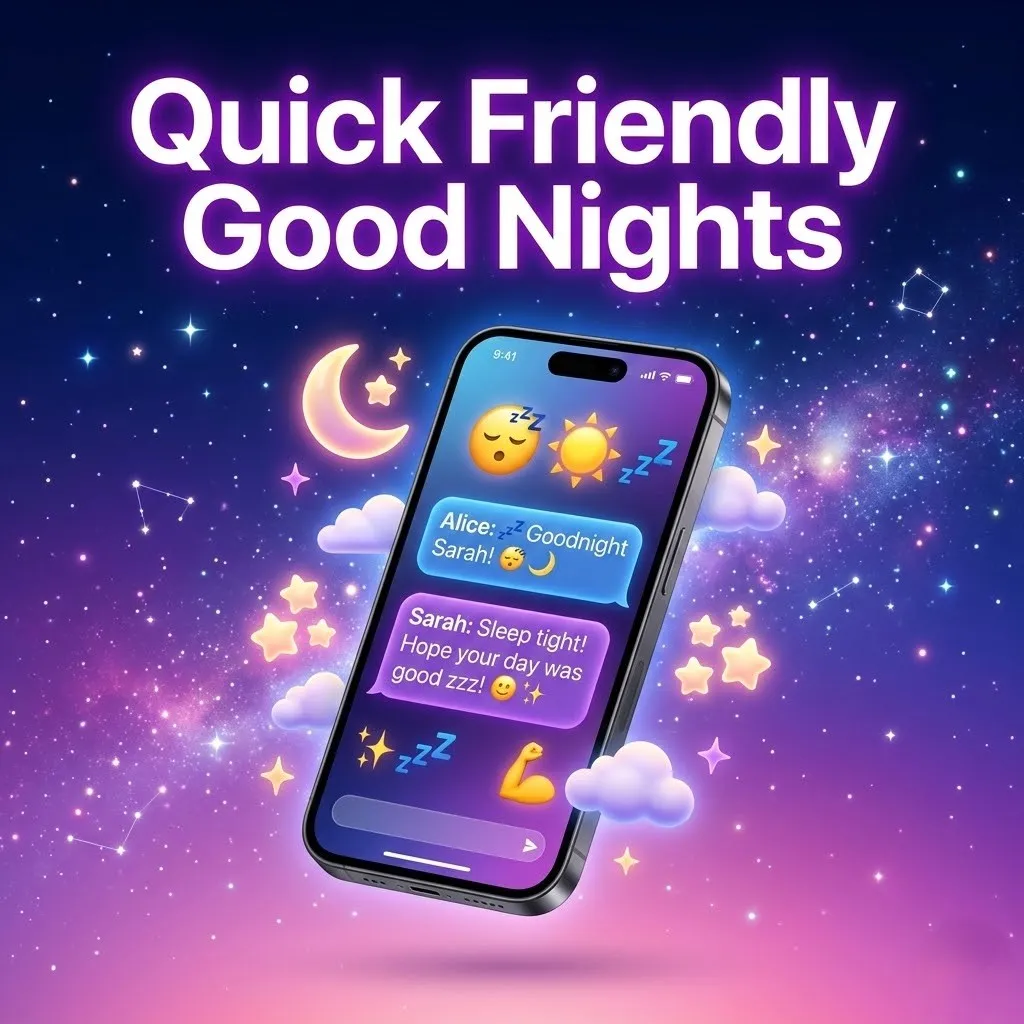 A smartphone displaying friendly goodnight messages, set against a vibrant purple cosmic background with glowing stars. The screen features playful emojis and chat bubbles, creating a magical atmosphere for sending heartfelt good night wishes for friends.