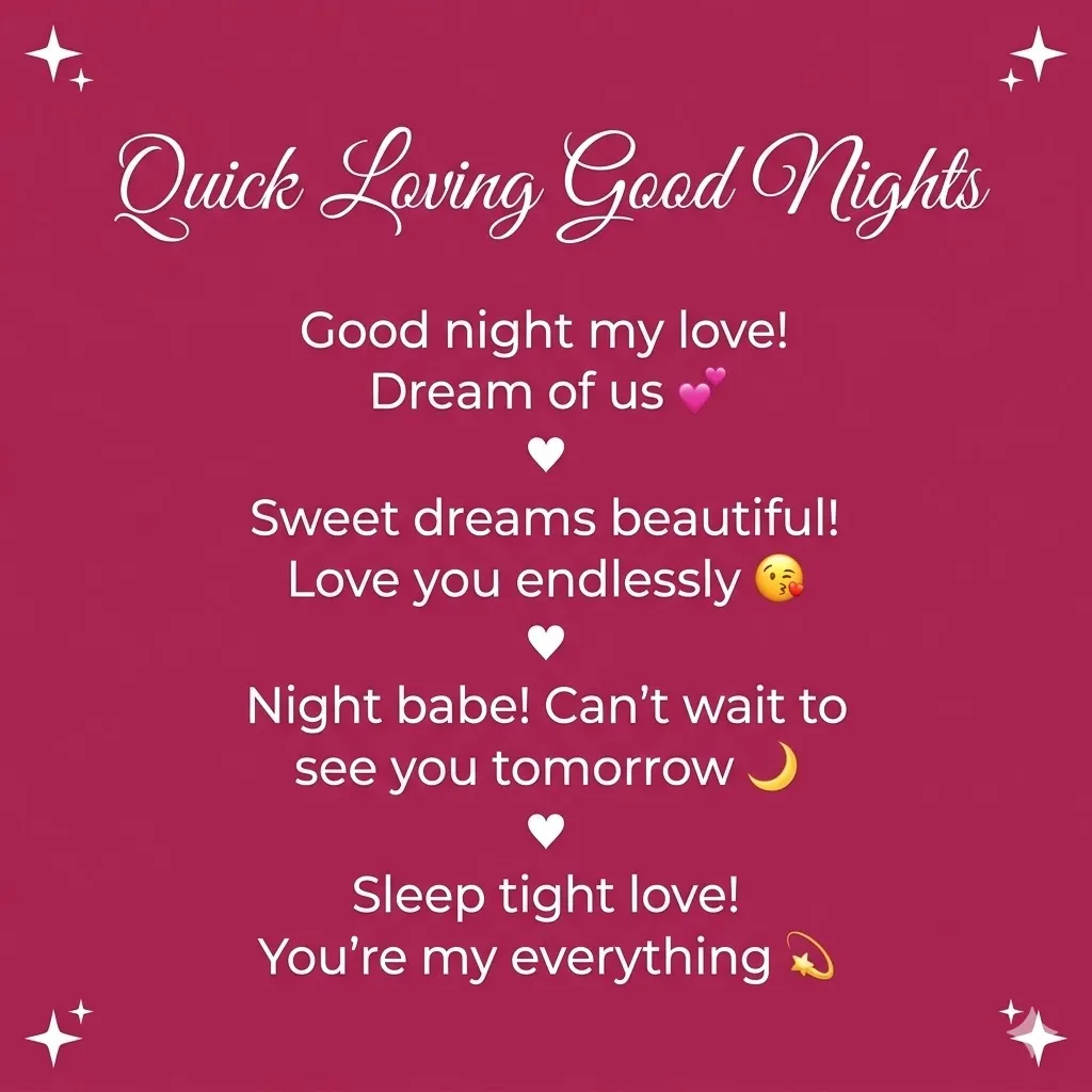 Romantic good night messages in elegant white typography on a smooth magenta background, featuring sweet dreams quotes and affectionate phrases accented by delicate stars and hearts for a warm, loving sentiment.