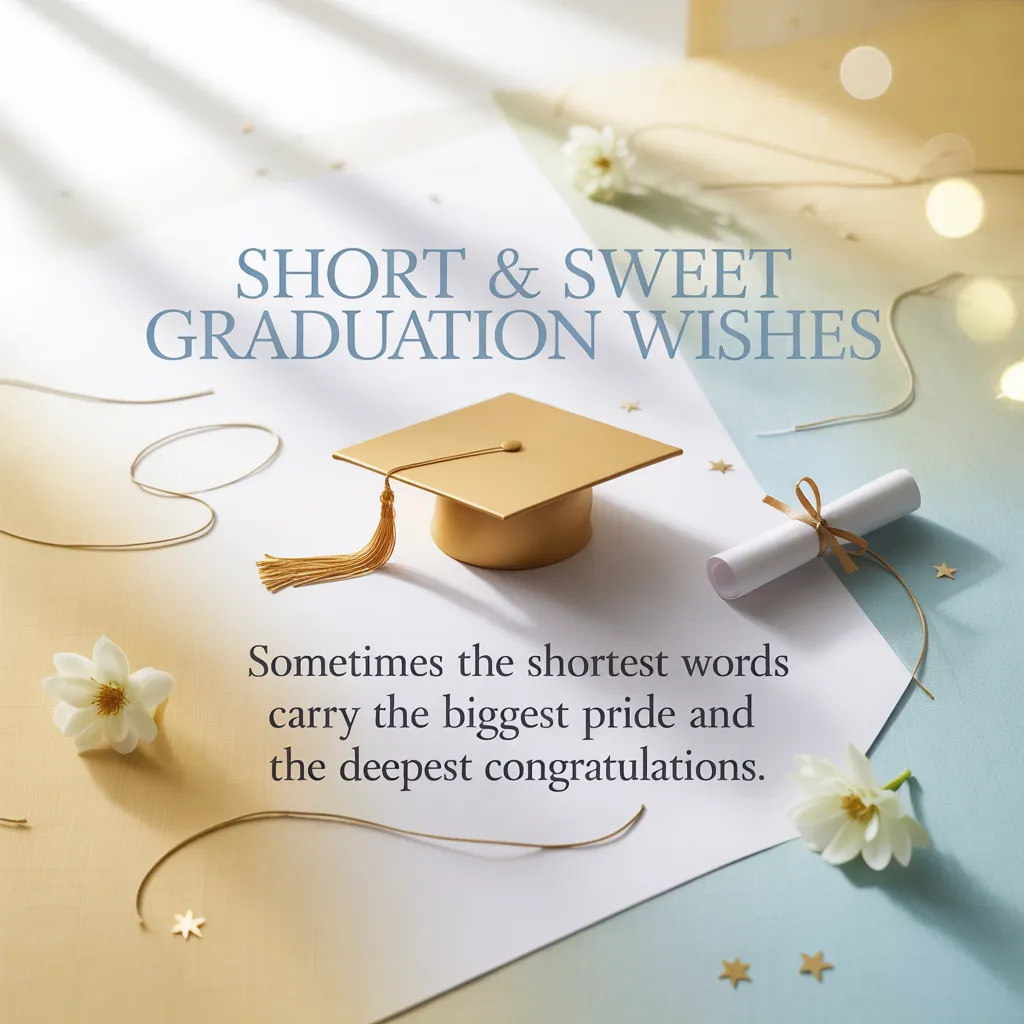 A gold graduation cap and rolled diploma rest on a textured surface with white flowers and gold stars. Bathed in soft, diffused light, this scene offers elegant graduation wishes and sincere congratulations on your graduation.