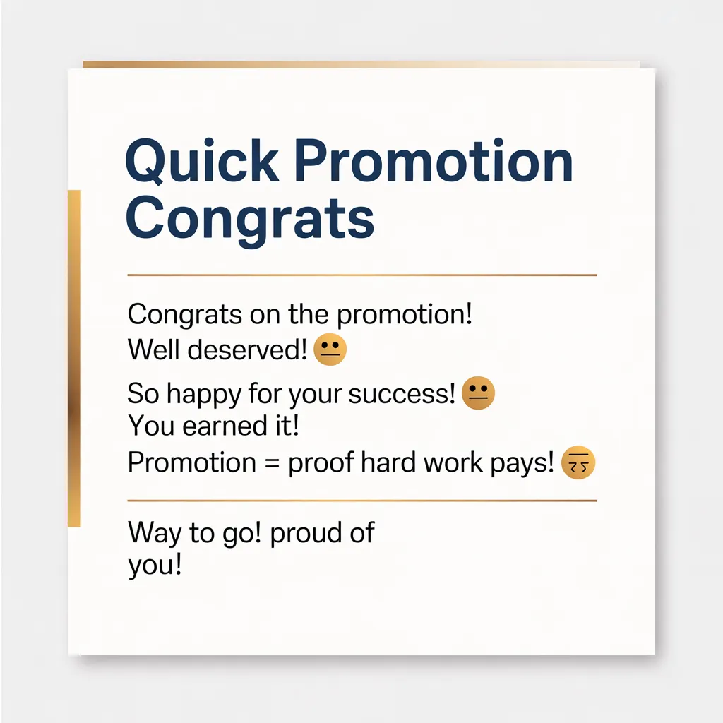 Professional congratulation messages on promotion displayed in bold navy blue typography on a crisp white digital card. Elegant gold horizontal lines and a vertical accent bar frame the text, creating a clean, modern aesthetic to celebrate career success.